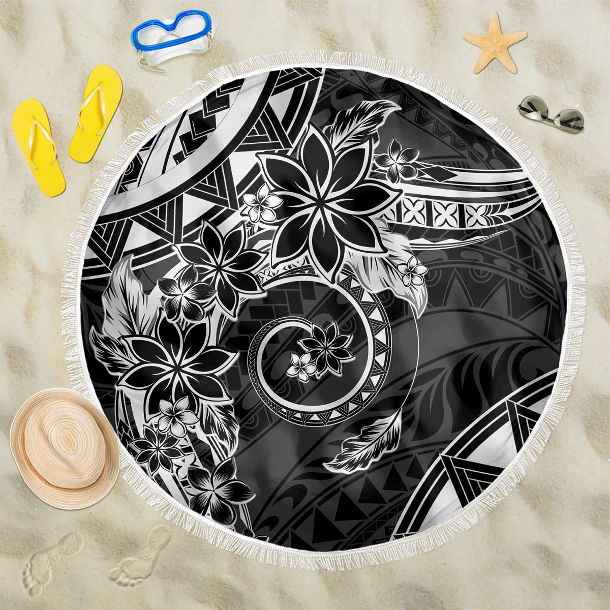 Polynesian Pattern With Plumeria Flowers Beach Blanket Black LT05 One Size 150cm Black - Polynesian Pride