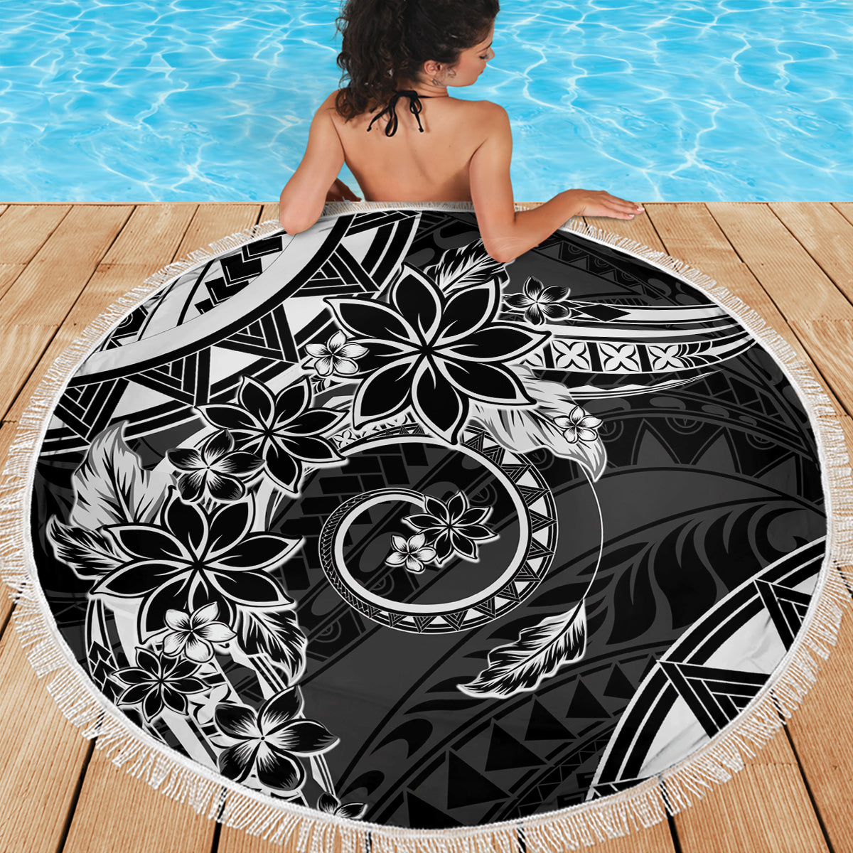 Polynesian Pattern With Plumeria Flowers Beach Blanket Black LT05 - Polynesian Pride