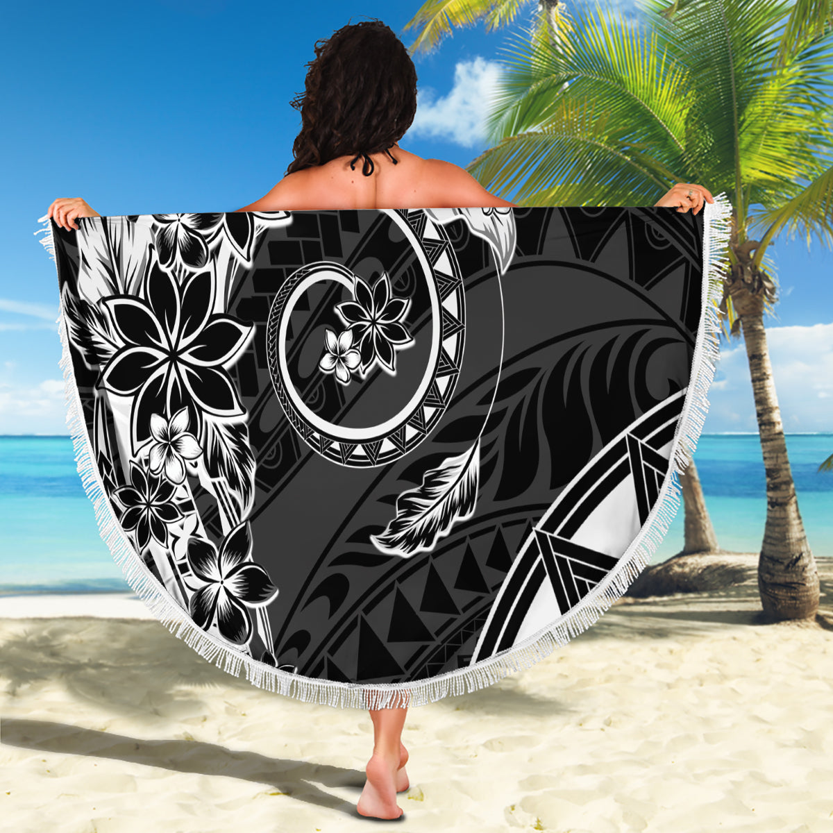 Polynesian Pattern With Plumeria Flowers Beach Blanket Black LT05 - Polynesian Pride