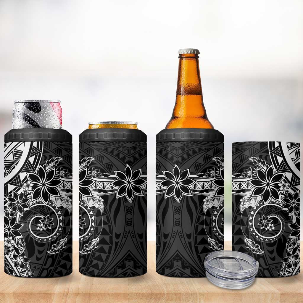 Black Polynesian Pattern With Plumeria Flowers 4 in 1 Can Cooler Tumbler LT05 - Polynesian Pride