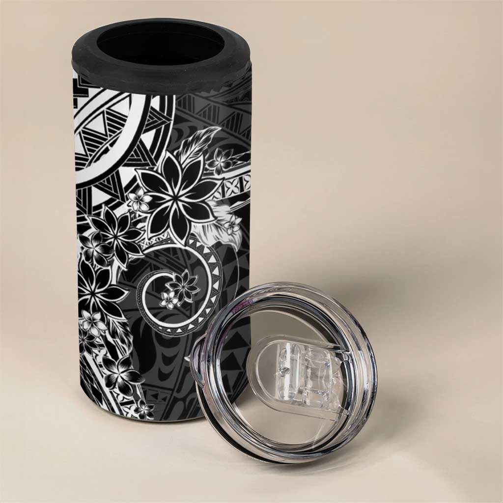 Black Polynesian Pattern With Plumeria Flowers 4 in 1 Can Cooler Tumbler LT05 - Polynesian Pride