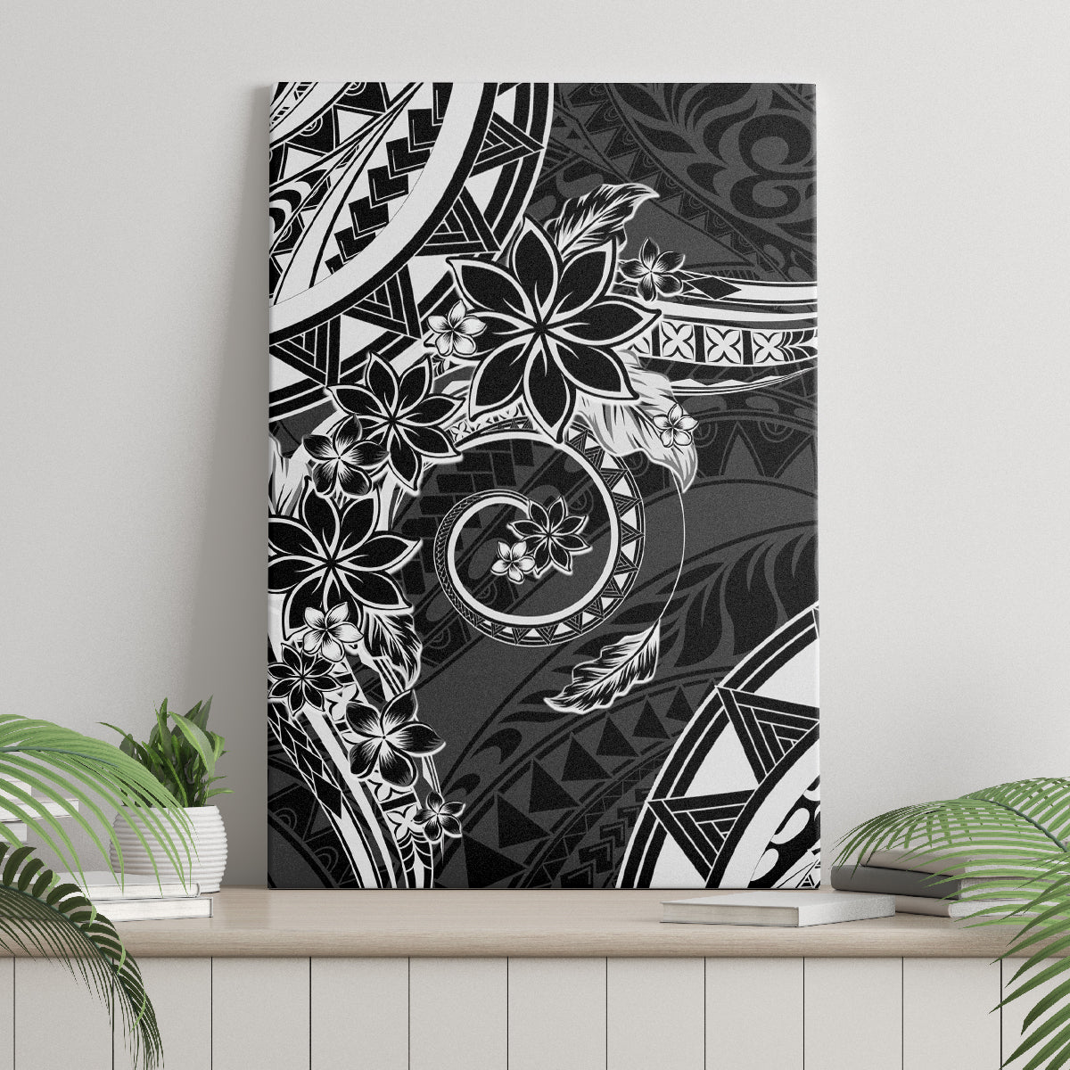 Polynesian Pattern With Plumeria Flowers Canvas Wall Art Black LT05 - Polynesian Pride