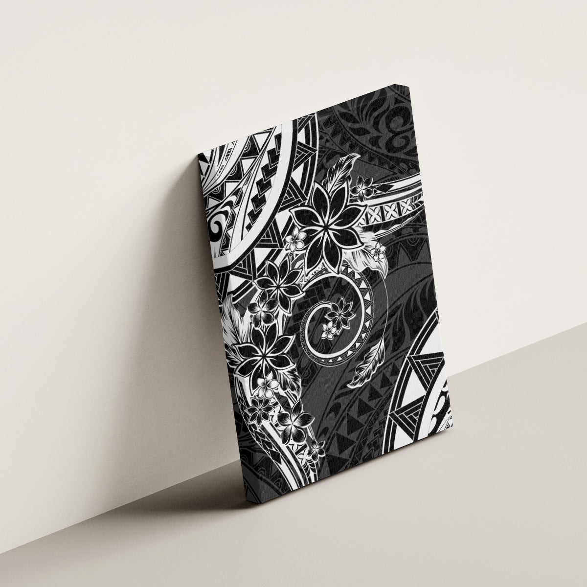 Polynesian Pattern With Plumeria Flowers Canvas Wall Art Black LT05 - Polynesian Pride