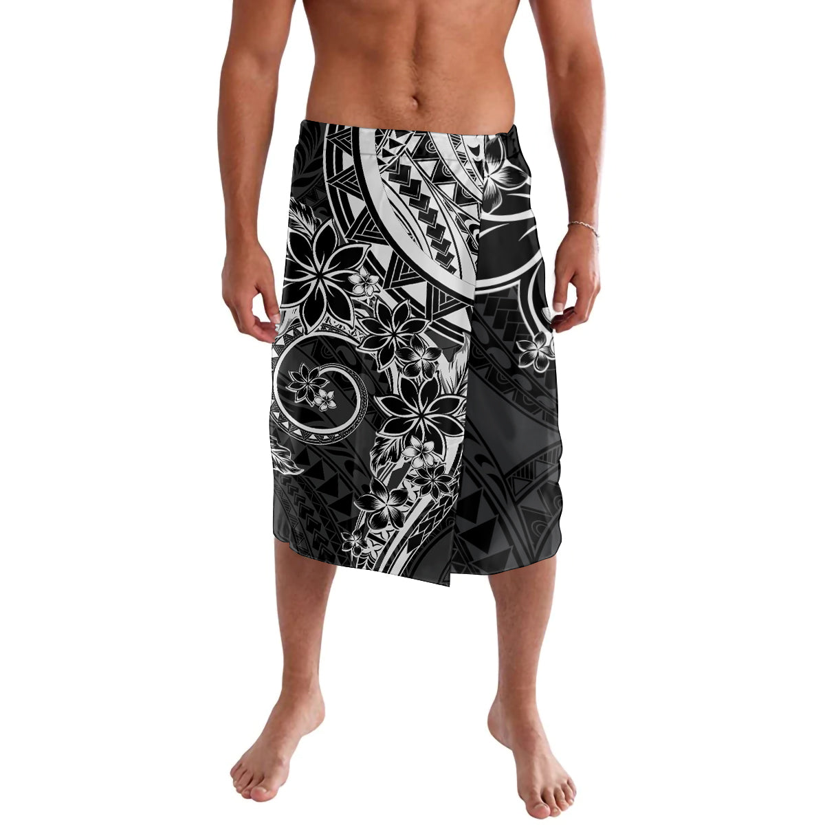 Polynesian Pattern With Plumeria Flowers Lavalava Black LT05 Black - Polynesian Pride