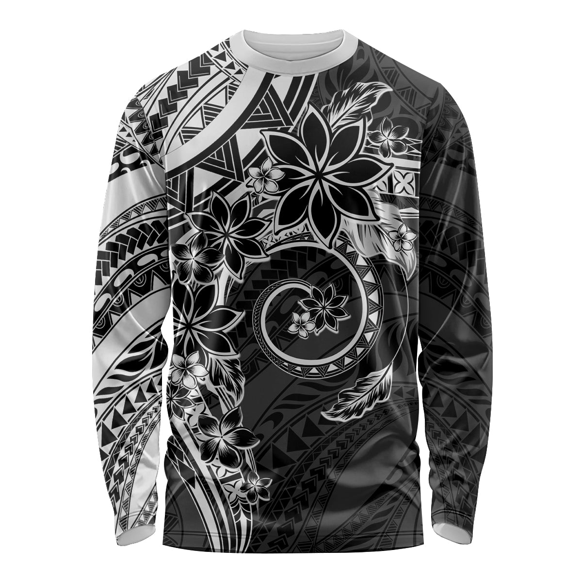 Polynesian Pattern With Plumeria Flowers Long Sleeve Shirt Black LT05 Unisex Black - Polynesian Pride