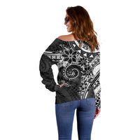 Polynesian Pattern With Plumeria Flowers Off Shoulder Sweater Black LT05 - Polynesian Pride
