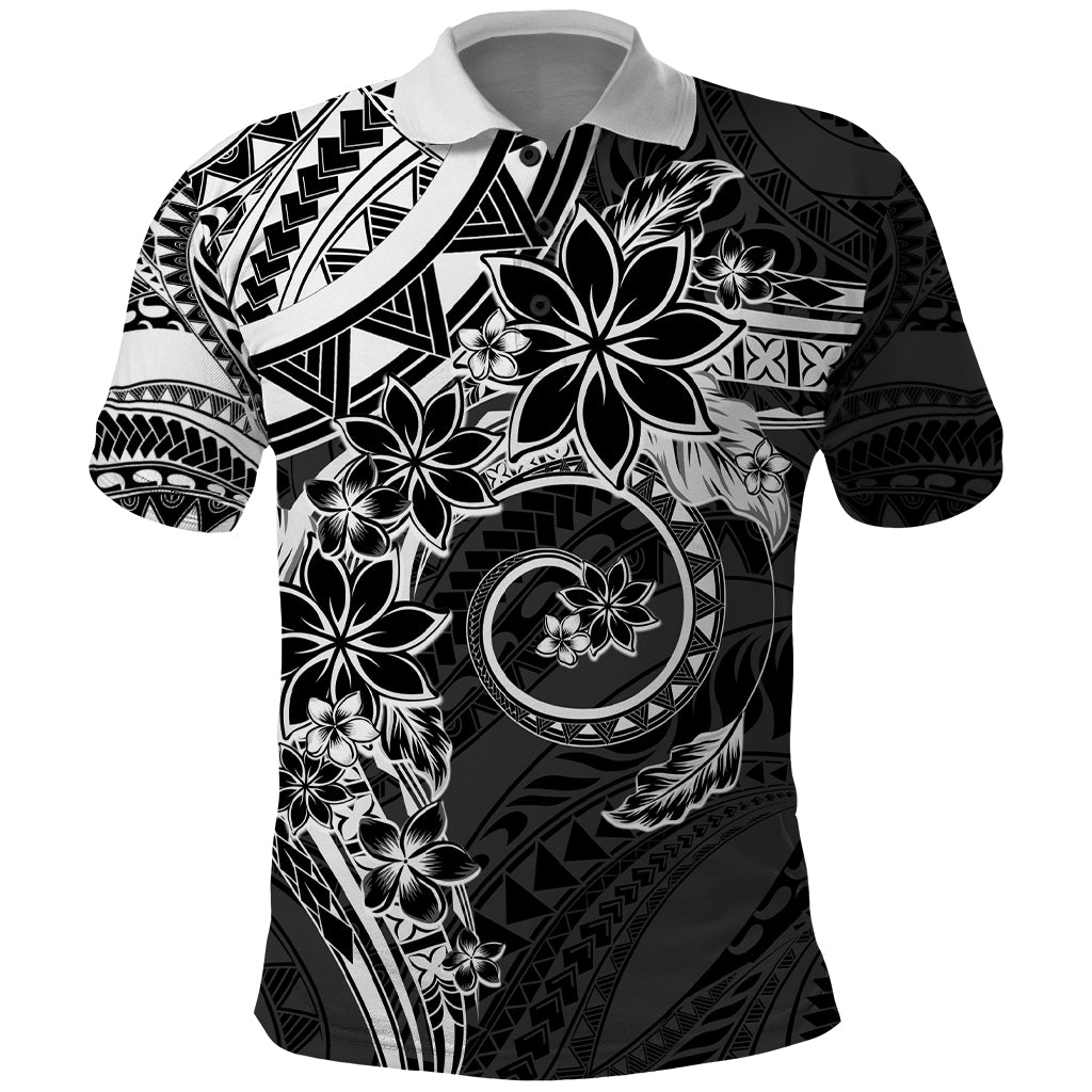 Polynesian Pattern With Plumeria Flowers Polo Shirt Black LT05 Black - Polynesian Pride