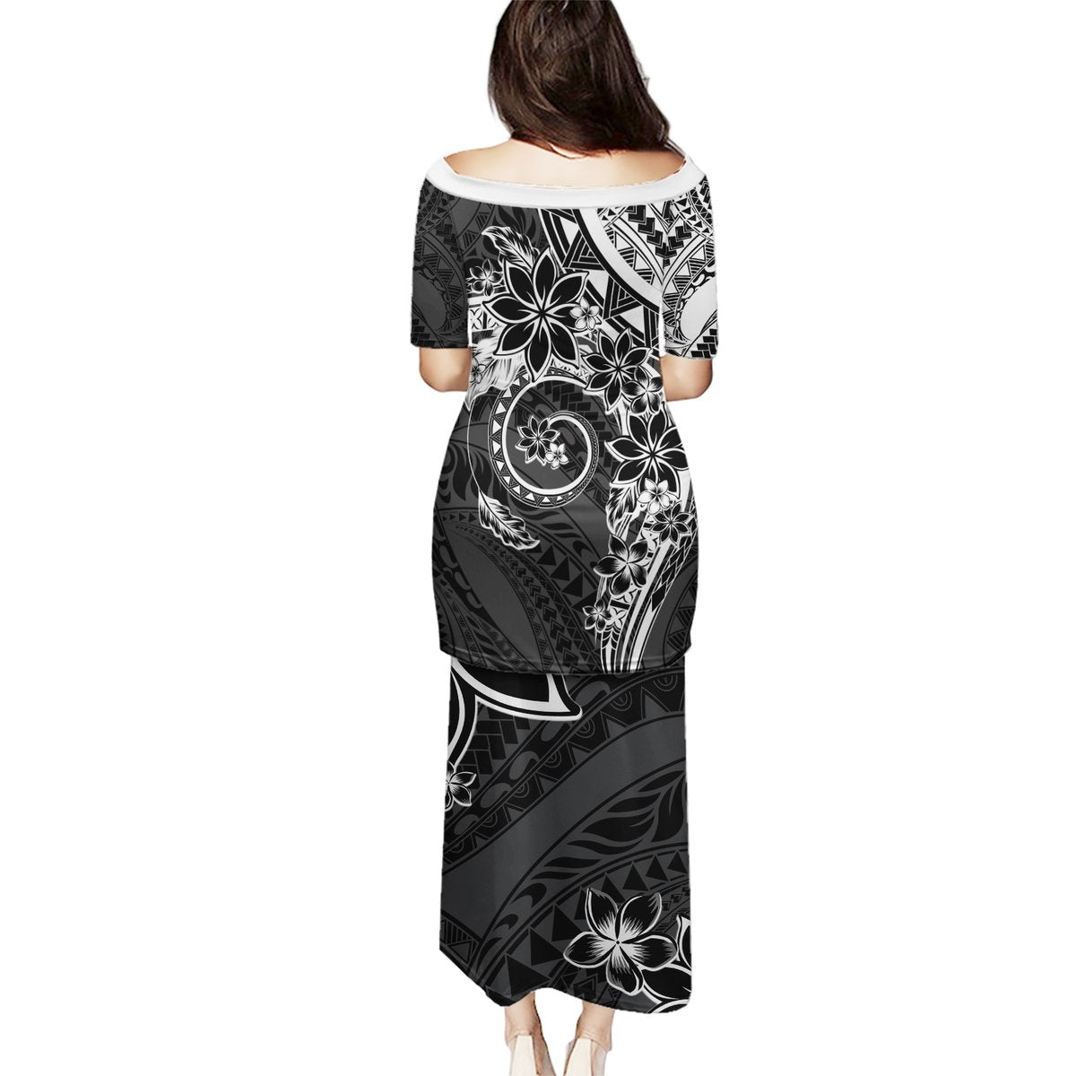 Polynesian Pattern With Plumeria Flowers Puletasi Black LT05 - Polynesian Pride