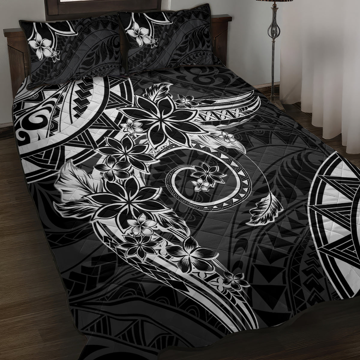 Polynesian Pattern With Plumeria Flowers Quilt Bed Set Black LT05 Black - Polynesian Pride