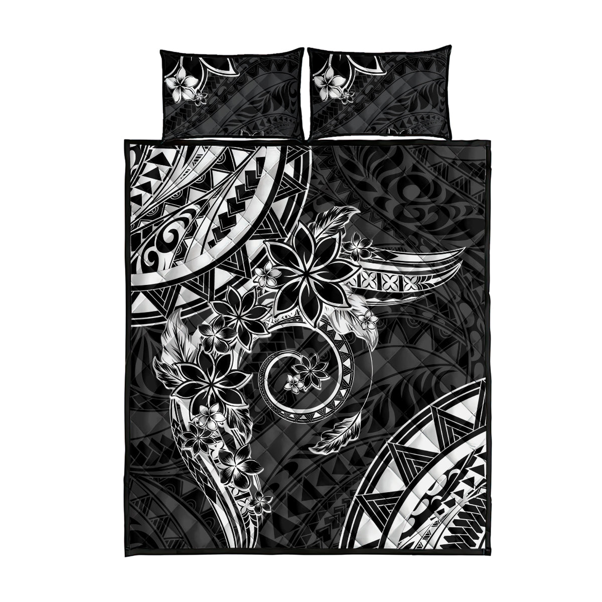 Polynesian Pattern With Plumeria Flowers Quilt Bed Set Black LT05 - Polynesian Pride