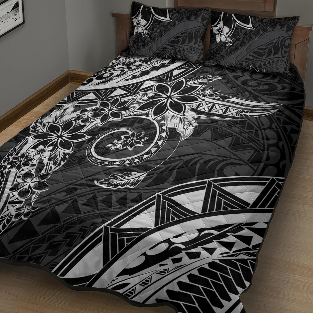 Polynesian Pattern With Plumeria Flowers Quilt Bed Set Black LT05 - Polynesian Pride