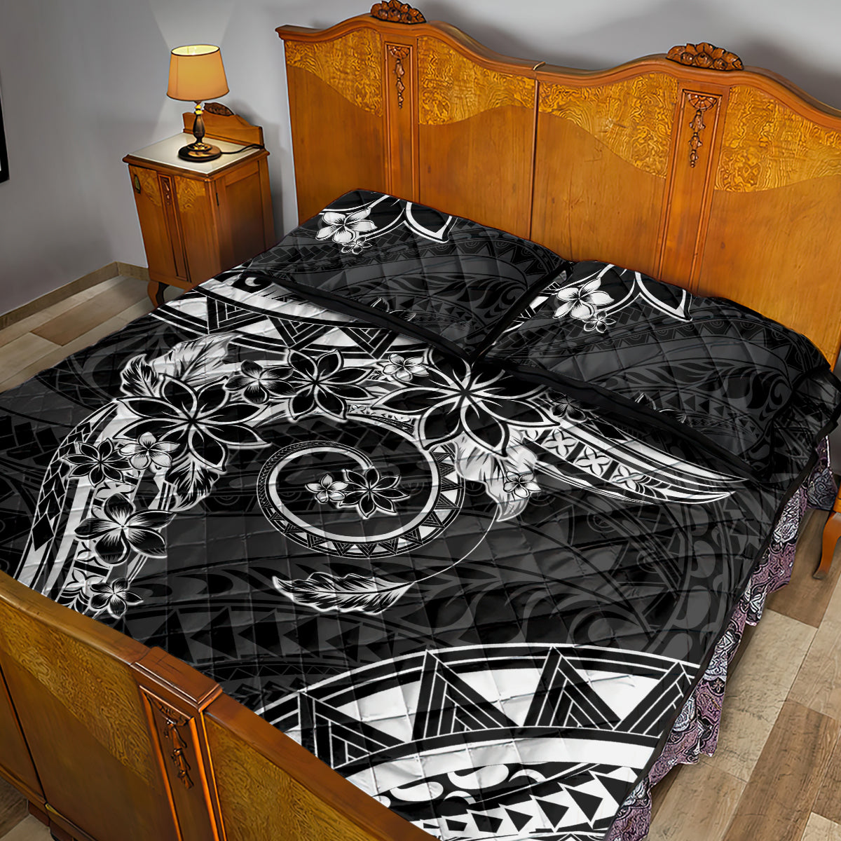 Polynesian Pattern With Plumeria Flowers Quilt Bed Set Black LT05 - Polynesian Pride