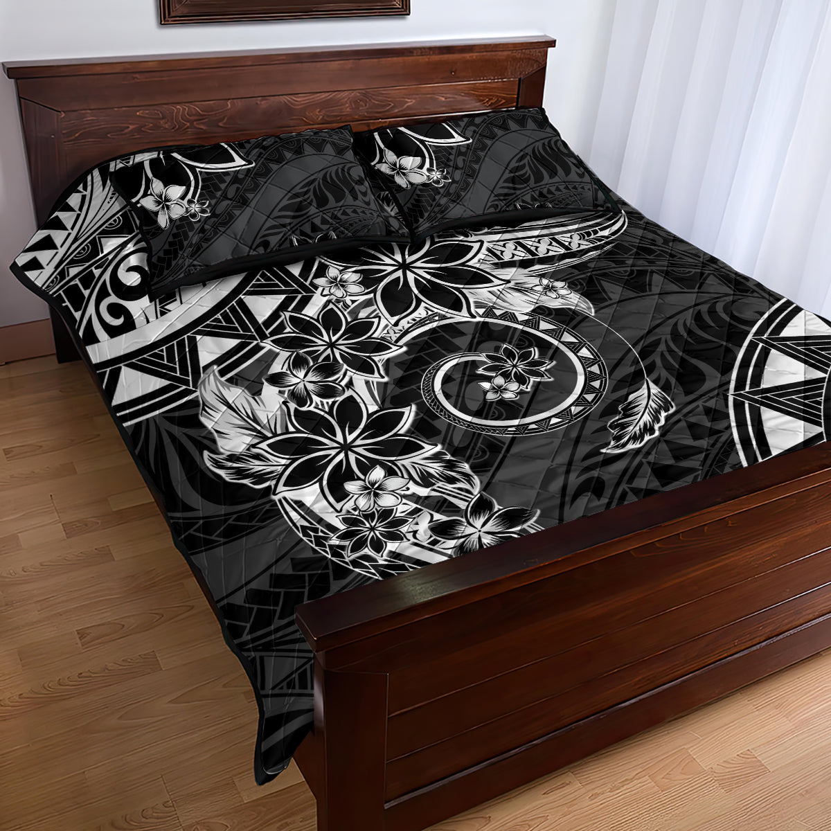 Polynesian Pattern With Plumeria Flowers Quilt Bed Set Black LT05 - Polynesian Pride