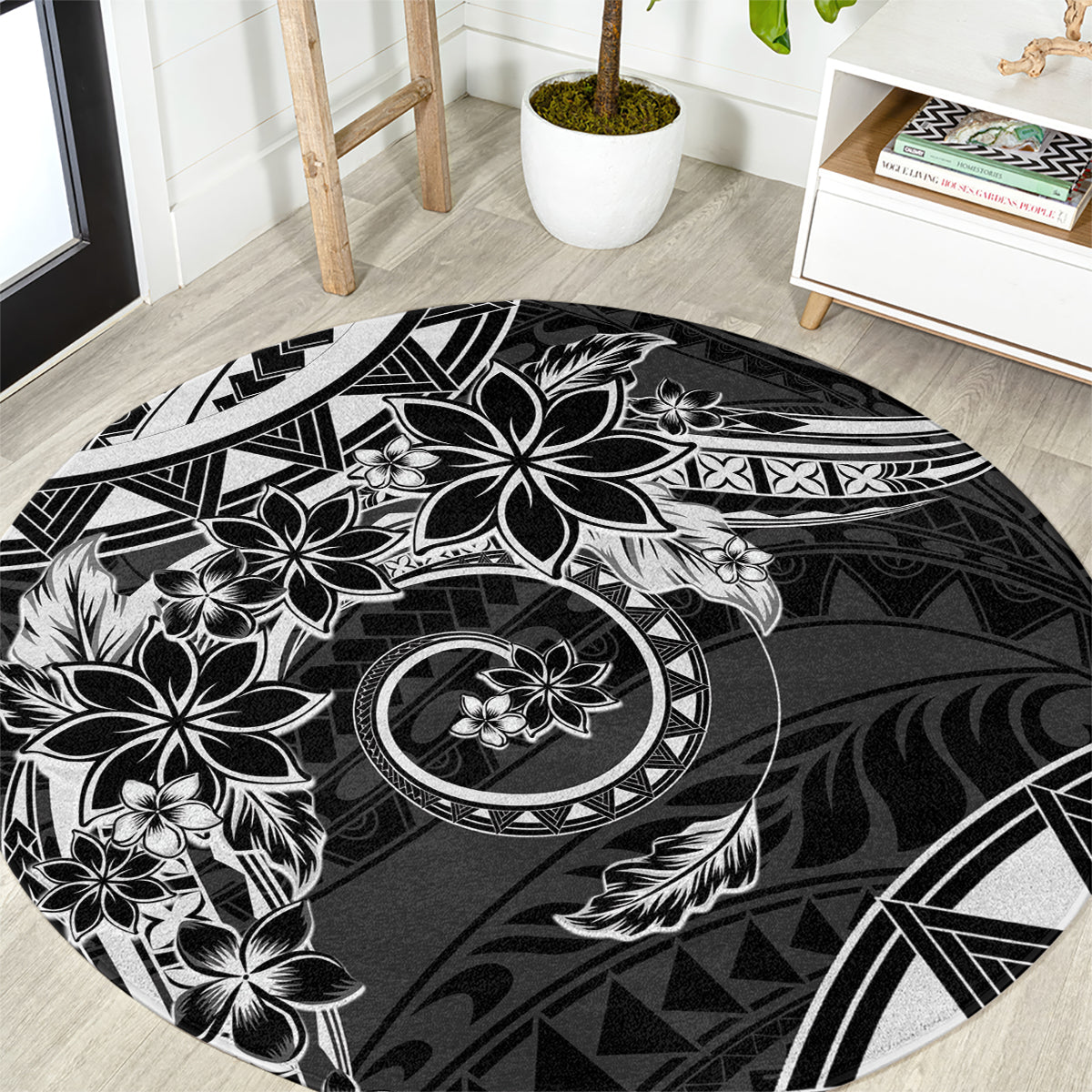 Polynesian Pattern With Plumeria Flowers Round Carpet Black LT05 Black - Polynesian Pride