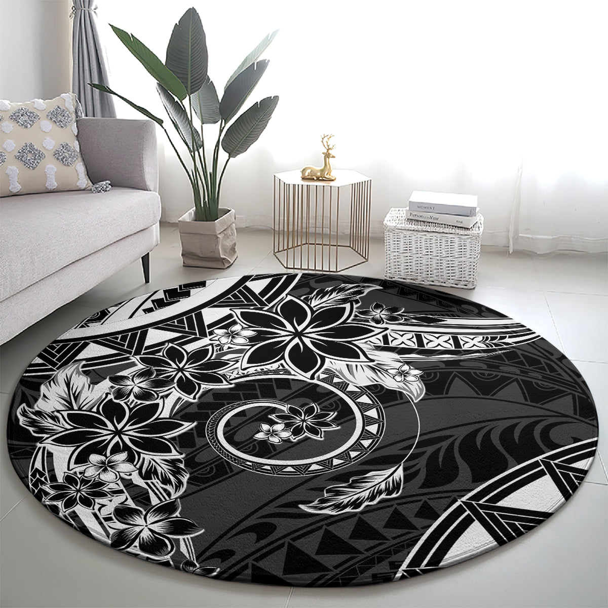 Polynesian Pattern With Plumeria Flowers Round Carpet Black LT05 - Polynesian Pride
