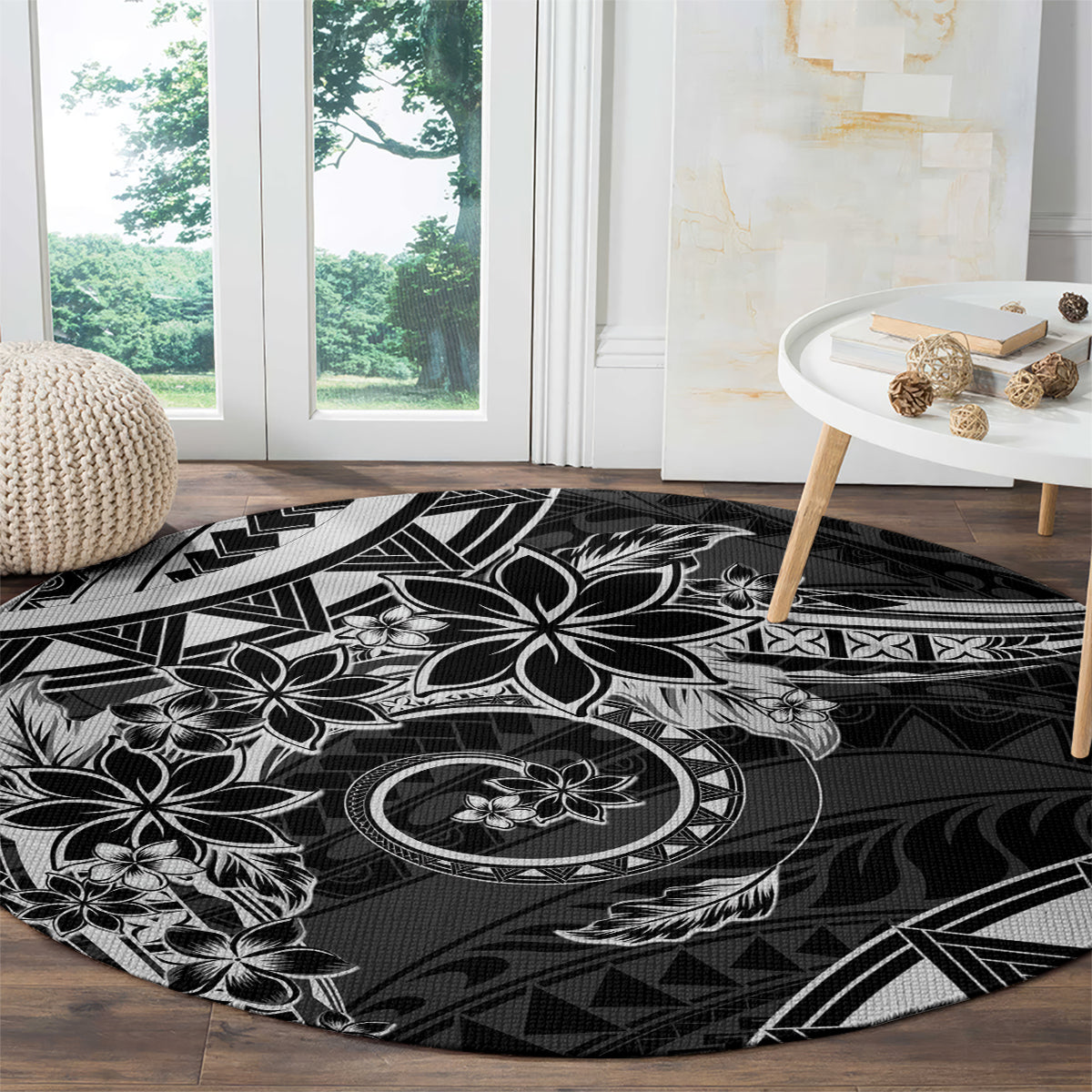 Polynesian Pattern With Plumeria Flowers Round Carpet Black LT05 - Polynesian Pride