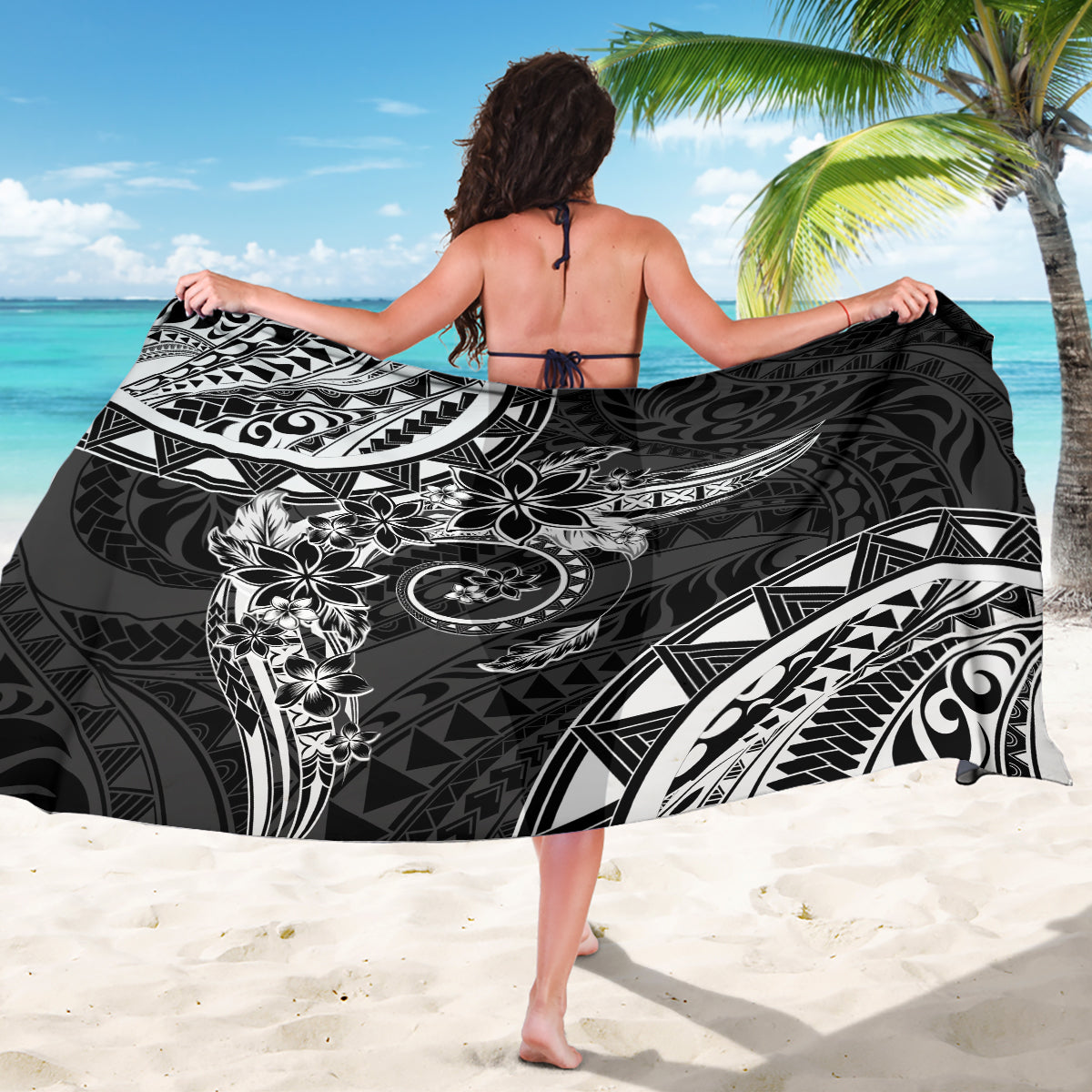 Polynesian Pattern With Plumeria Flowers Sarong Black LT05 - Polynesian Pride