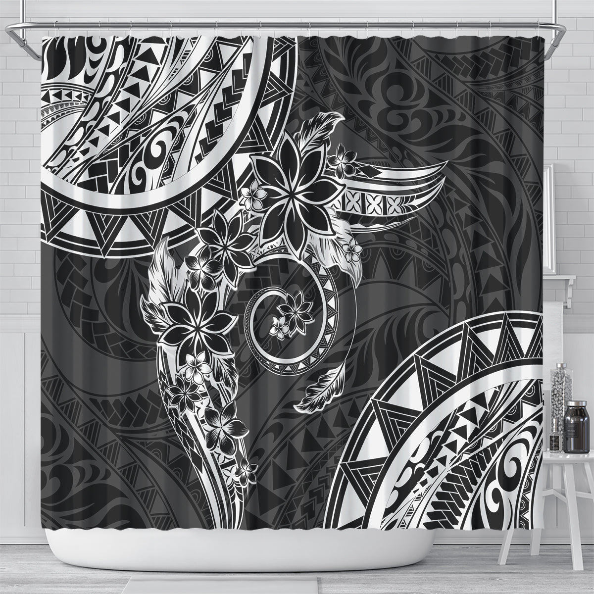 Polynesian Pattern With Plumeria Flowers Shower Curtain Black LT05 - Polynesian Pride