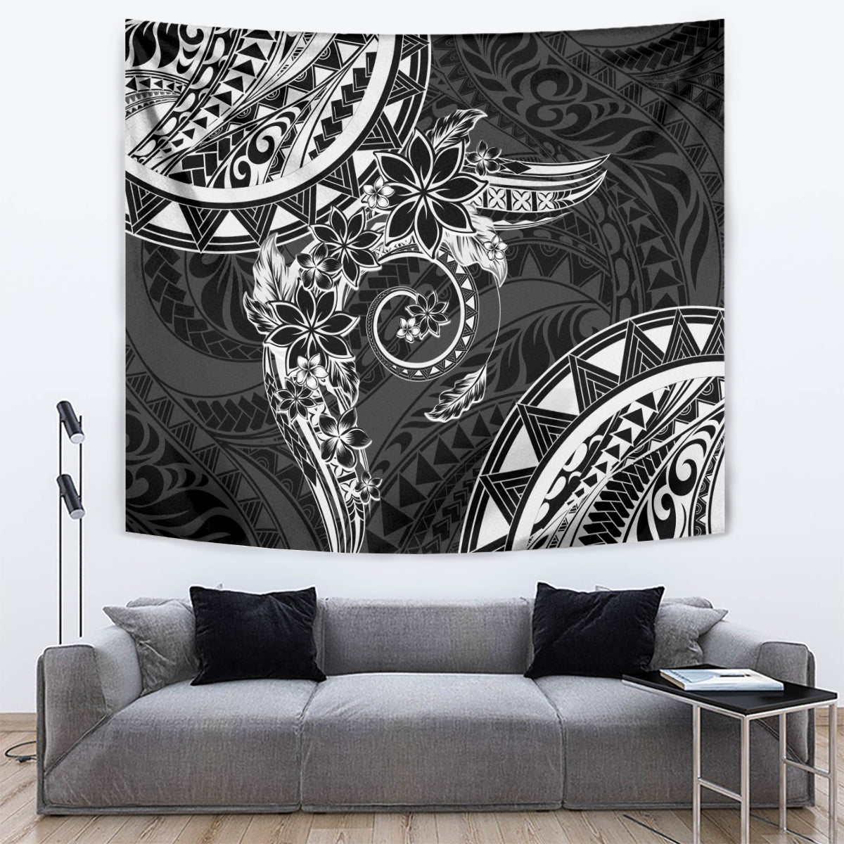 Polynesian Pattern With Plumeria Flowers Tapestry Black LT05 Black - Polynesian Pride