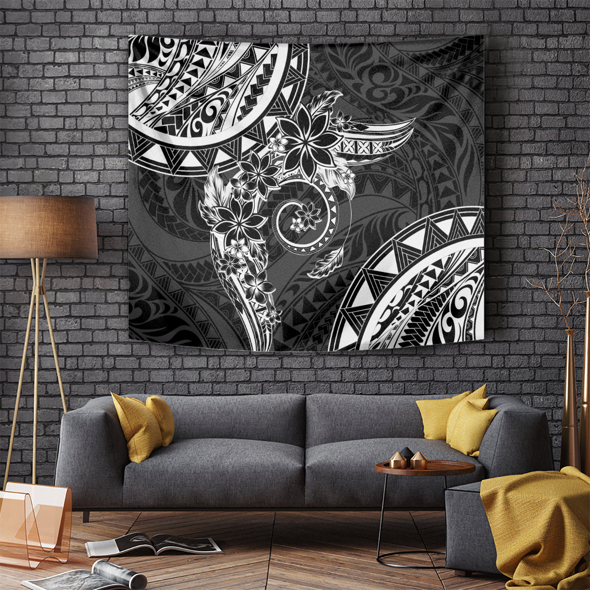Polynesian Pattern With Plumeria Flowers Tapestry Black LT05 - Polynesian Pride