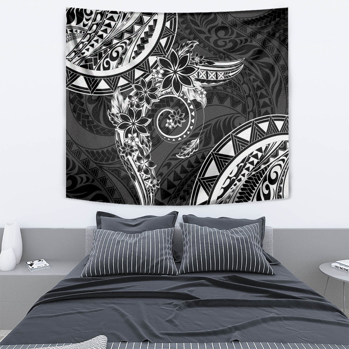 Polynesian Pattern With Plumeria Flowers Tapestry Black LT05 - Polynesian Pride
