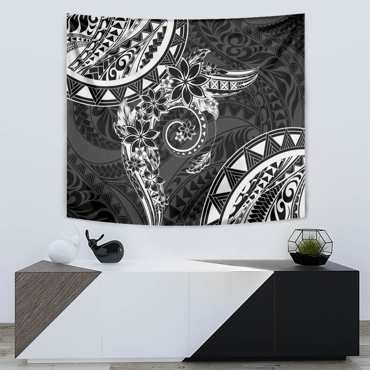 Polynesian Pattern With Plumeria Flowers Tapestry Black LT05 - Polynesian Pride