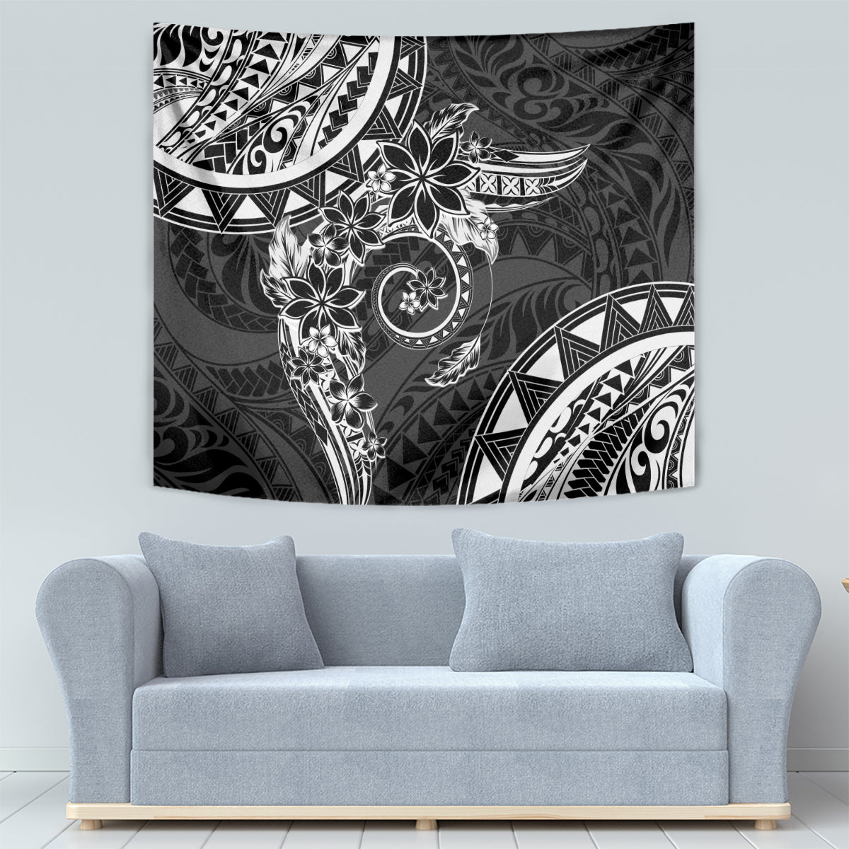 Polynesian Pattern With Plumeria Flowers Tapestry Black LT05 - Polynesian Pride