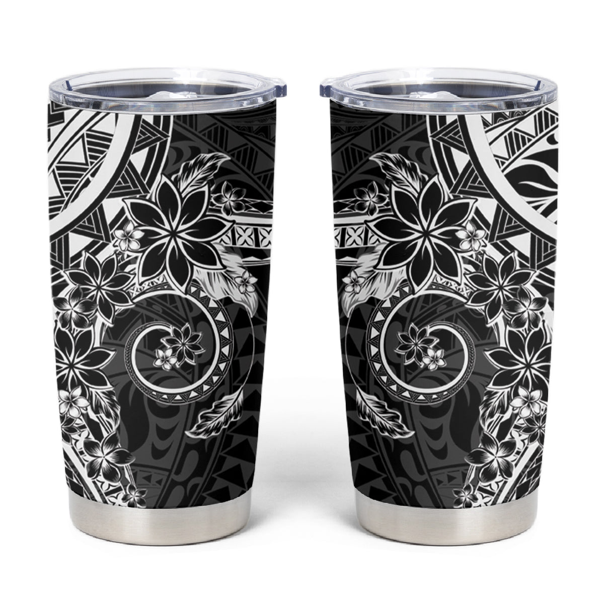 Black Polynesian Pattern With Plumeria Flowers Tumbler Cup LT05 Black - Polynesian Pride