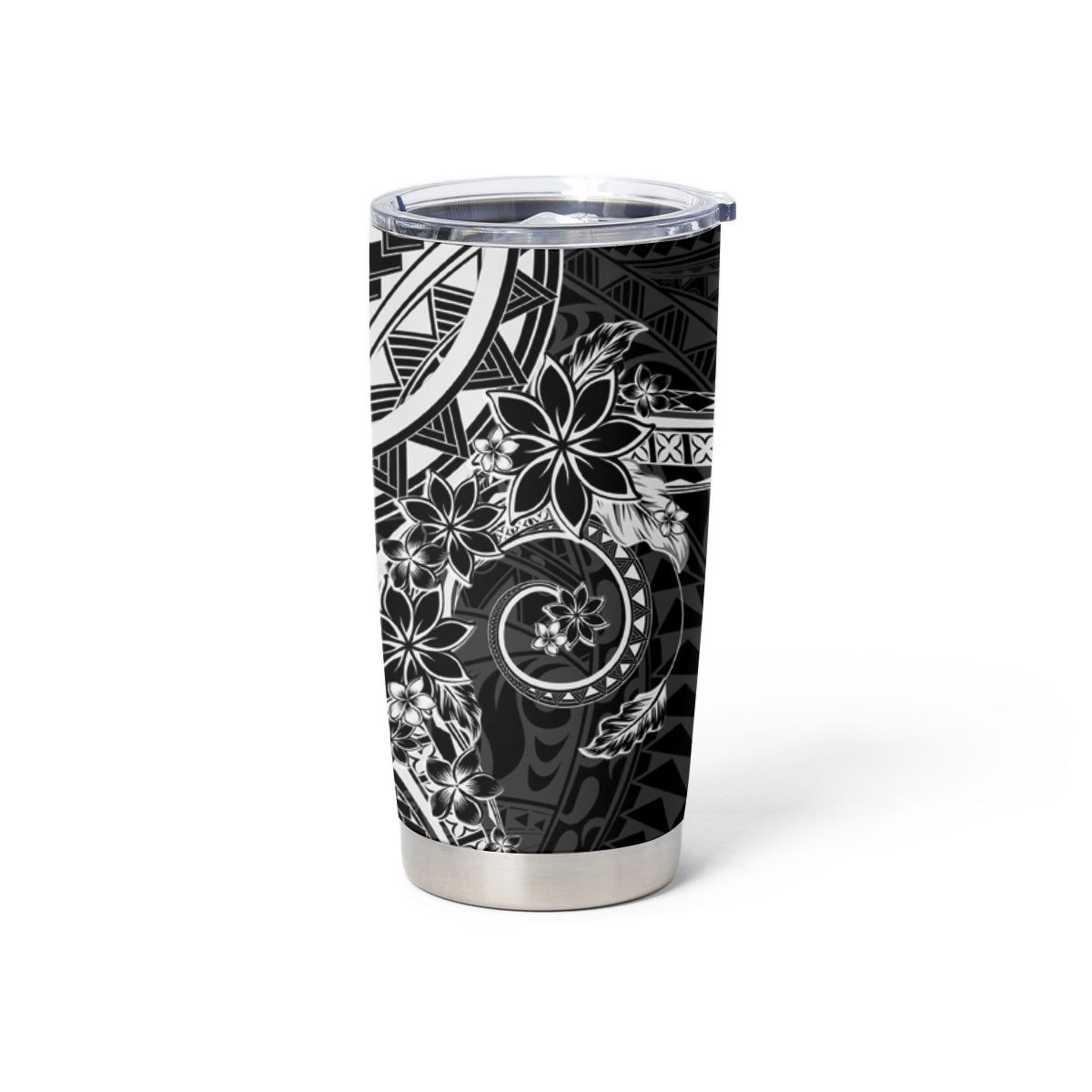 Black Polynesian Pattern With Plumeria Flowers Tumbler Cup LT05 - Polynesian Pride