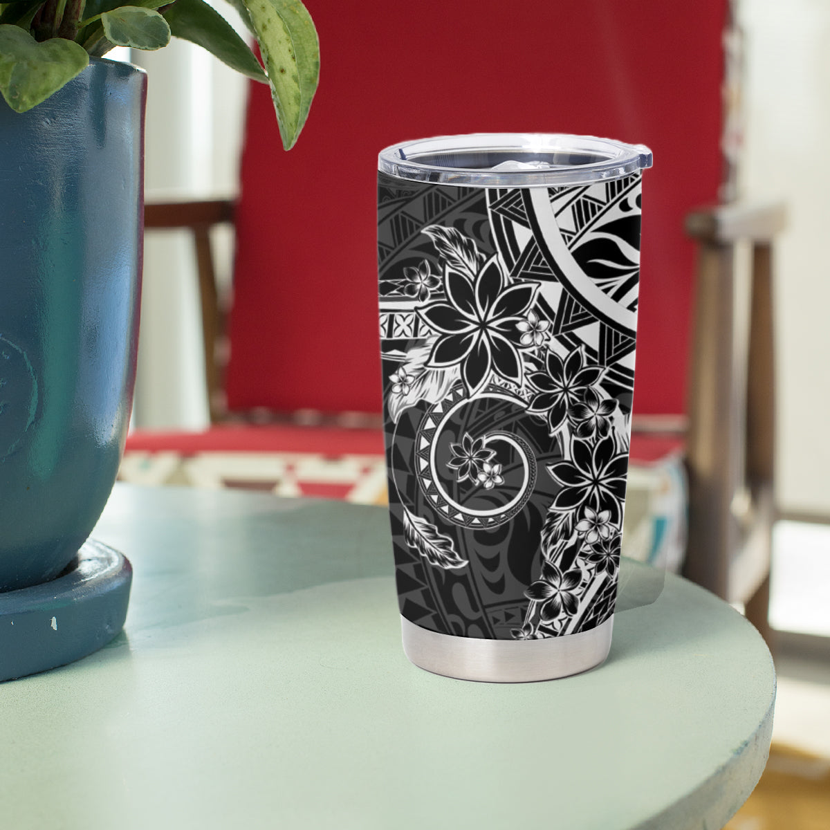 Black Polynesian Pattern With Plumeria Flowers Tumbler Cup LT05 - Polynesian Pride