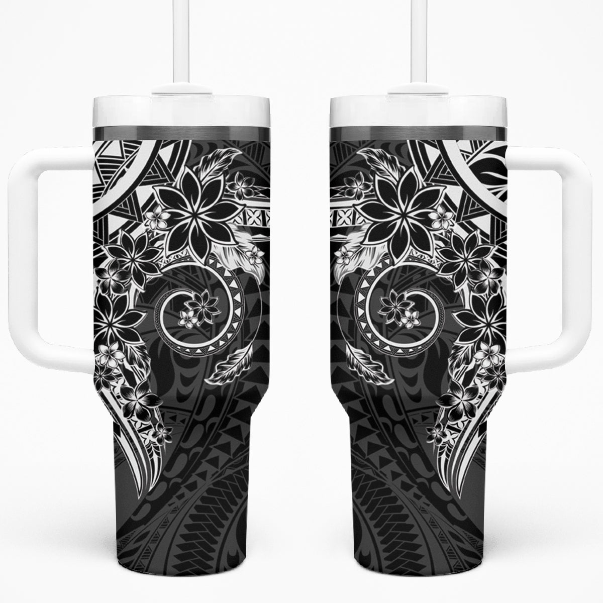 Black Polynesian Pattern With Plumeria Flowers Tumbler With Handle LT05 One Size: 40 oz Black - Polynesian Pride