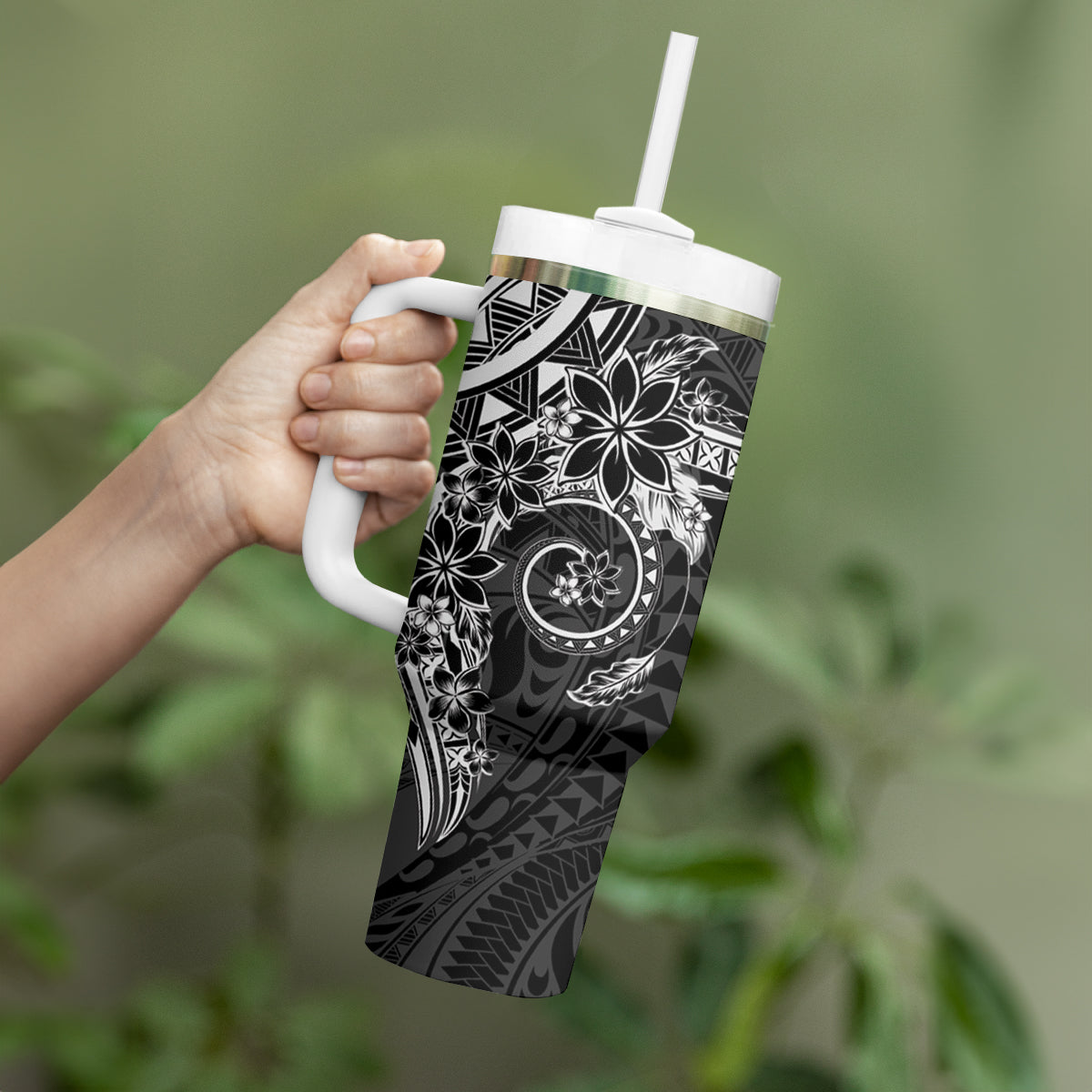 Black Polynesian Pattern With Plumeria Flowers Tumbler With Handle LT05 - Polynesian Pride