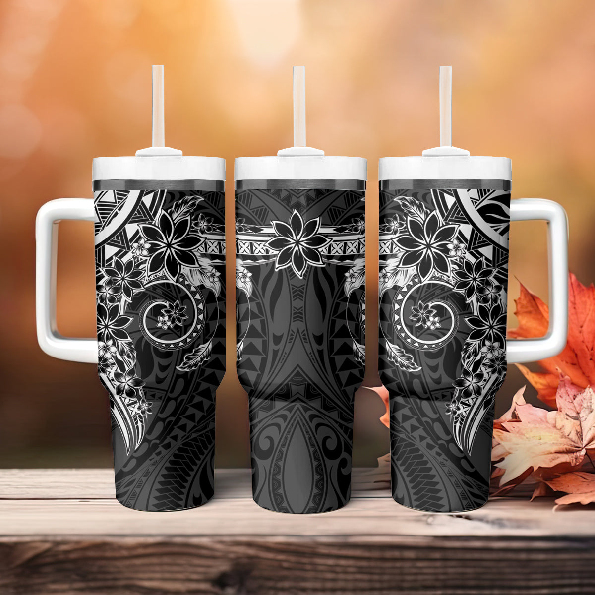 Black Polynesian Pattern With Plumeria Flowers Tumbler With Handle LT05 - Polynesian Pride