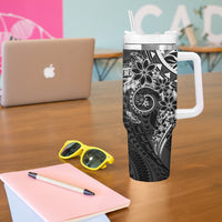 Black Polynesian Pattern With Plumeria Flowers Tumbler With Handle LT05 - Polynesian Pride