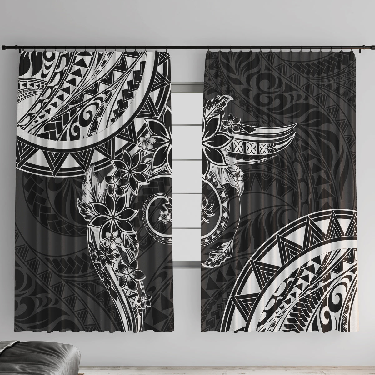 Polynesian Pattern With Plumeria Flowers Window Curtain Black LT05 With Hooks Black - Polynesian Pride