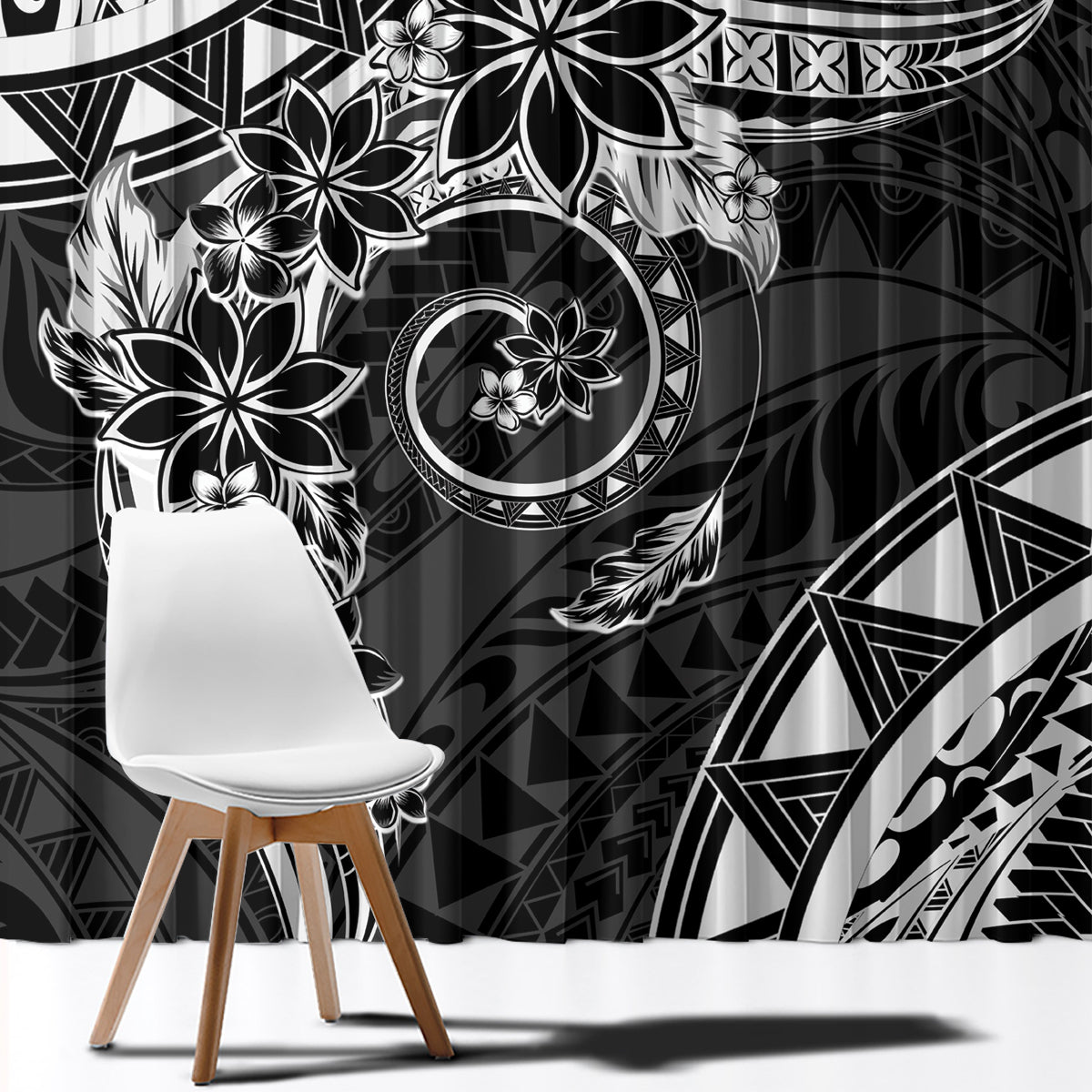 Polynesian Pattern With Plumeria Flowers Window Curtain Black LT05 - Polynesian Pride