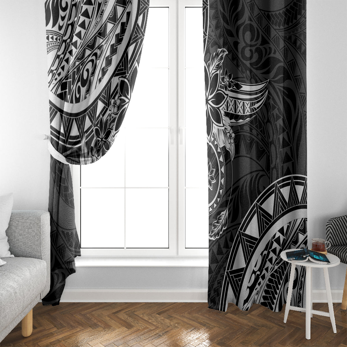 Polynesian Pattern With Plumeria Flowers Window Curtain Black LT05 - Polynesian Pride