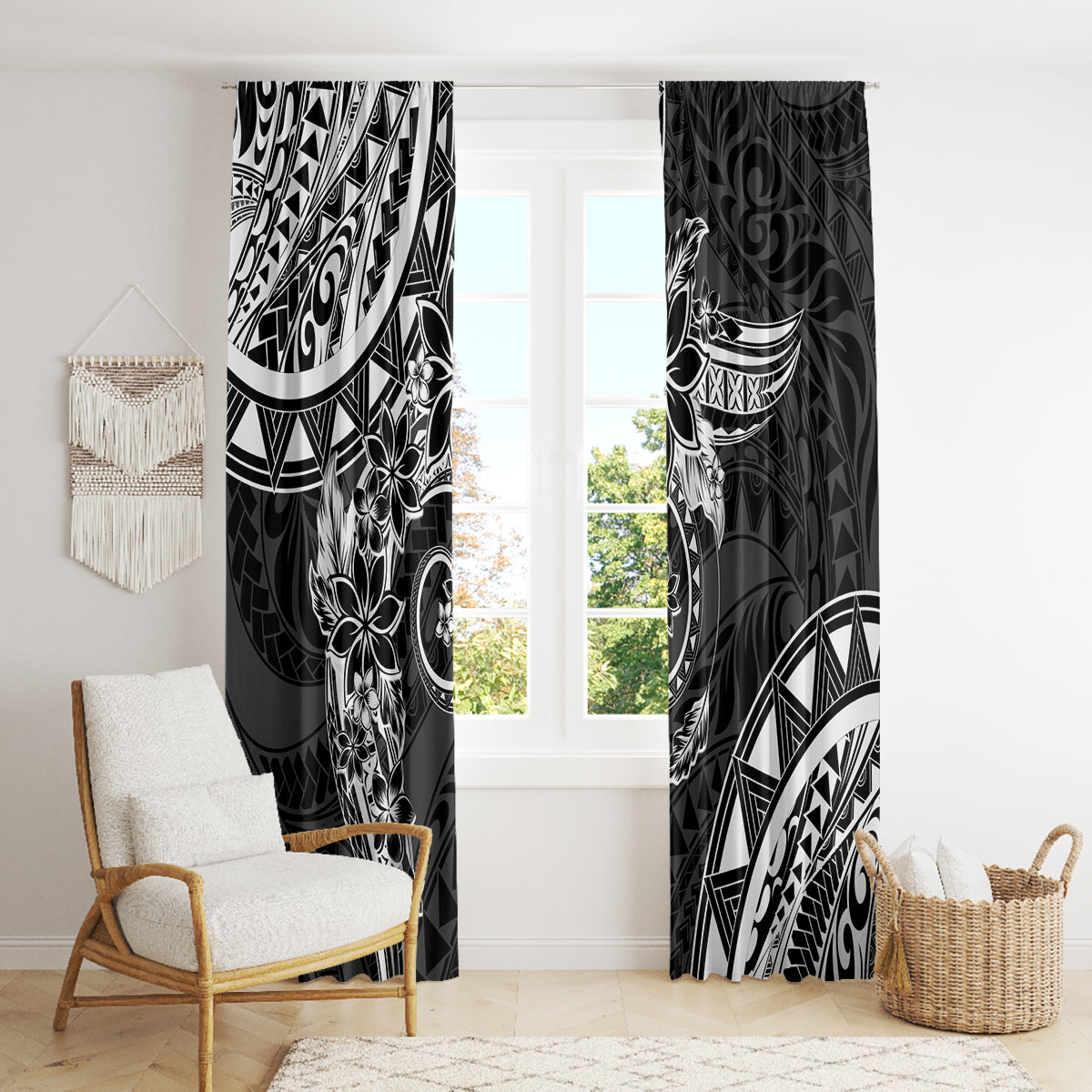 Polynesian Pattern With Plumeria Flowers Window Curtain Black LT05 - Polynesian Pride