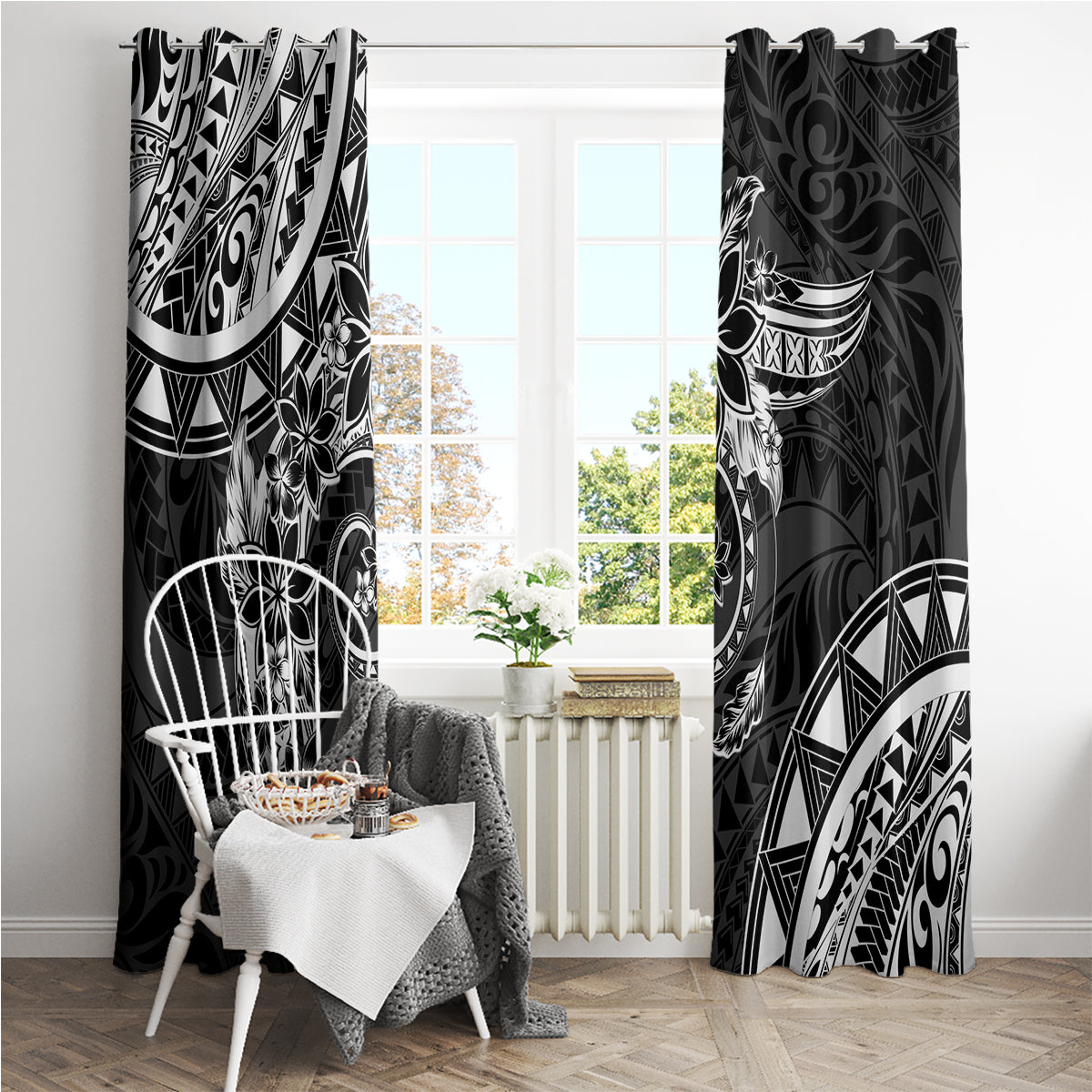 Polynesian Pattern With Plumeria Flowers Window Curtain Black LT05 - Polynesian Pride