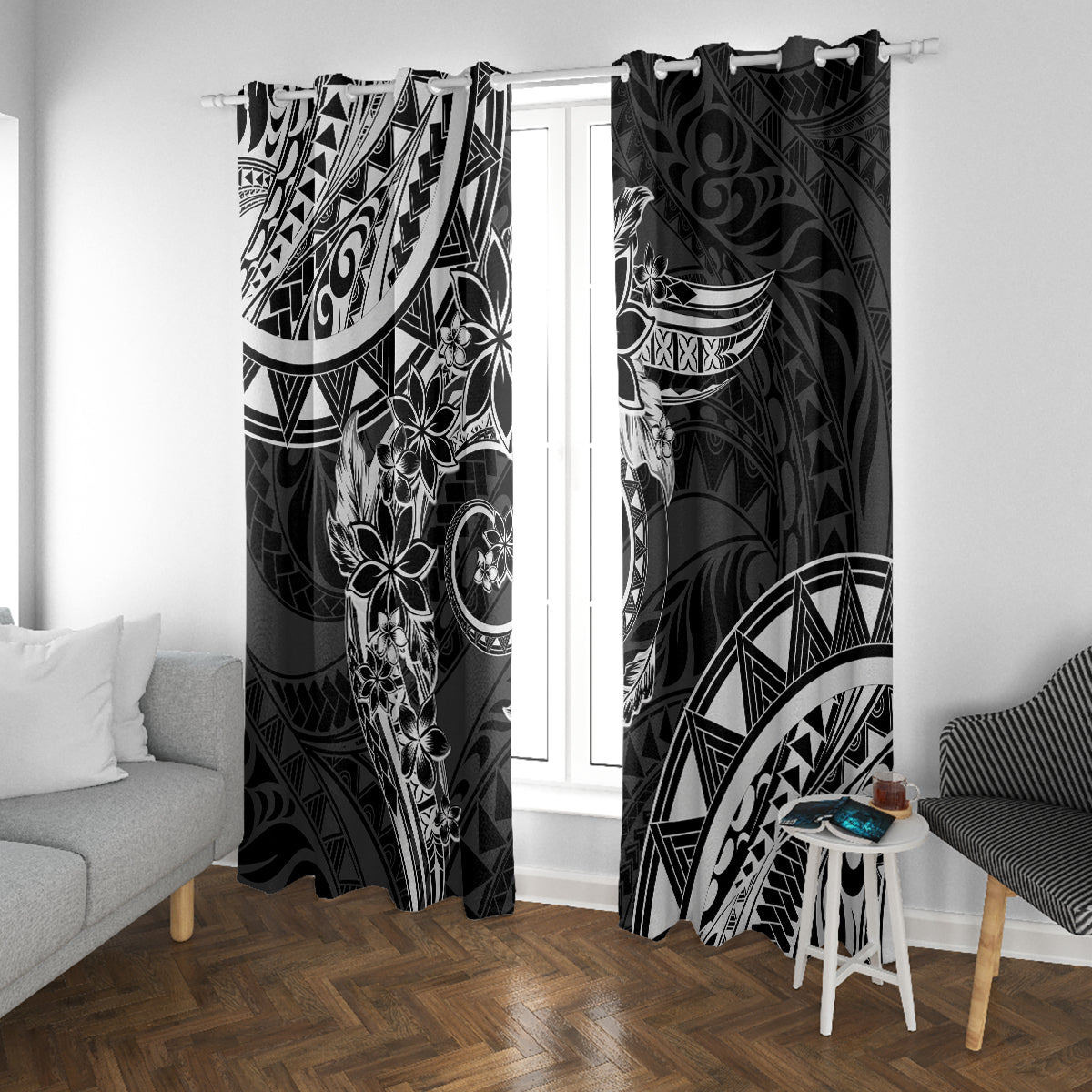 Polynesian Pattern With Plumeria Flowers Window Curtain Black LT05 With Grommets Black - Polynesian Pride
