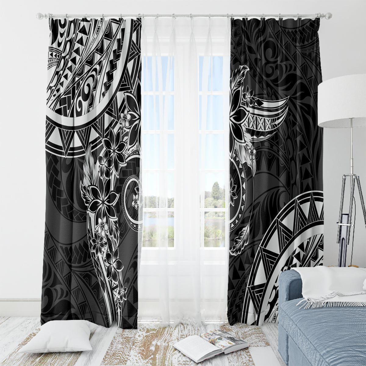 Polynesian Pattern With Plumeria Flowers Window Curtain Black LT05 - Polynesian Pride