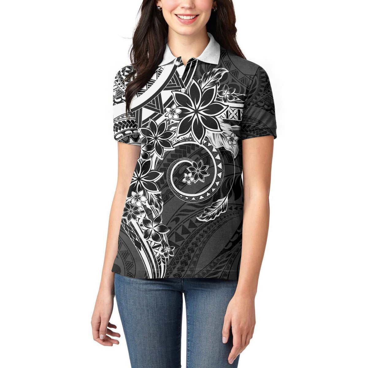 Polynesian Pattern With Plumeria Flowers Women Polo Shirt Black LT05 - Polynesian Pride