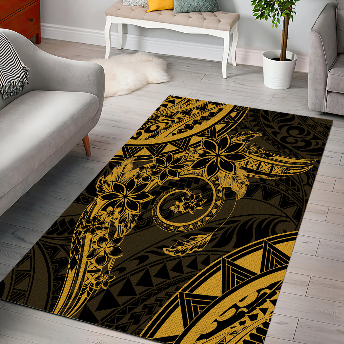 Polynesian Sunset Plumeria Area Rug Gold Polynesian Tattoo LT05 - Polynesian Pride