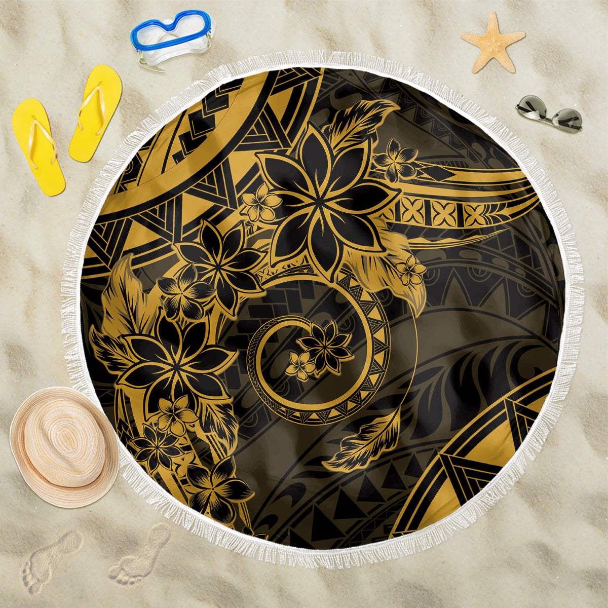 Polynesian Sunset Plumeria Beach Blanket Gold Polynesian Tattoo LT05 One Size 150cm Gold - Polynesian Pride