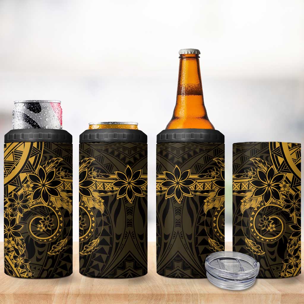 Gold Polynesian Pattern With Plumeria Flowers 4 in 1 Can Cooler Tumbler LT05 - Polynesian Pride