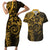 Polynesian Sunset Plumeria Couples Matching Short Sleeve Bodycon Dress and Hawaiian Shirt Gold Polynesian Tattoo