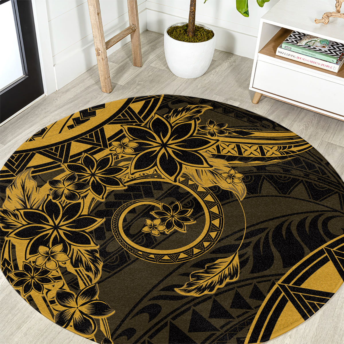 Polynesian Sunset Plumeria Round Carpet Gold Polynesian Tattoo LT05 Gold - Polynesian Pride