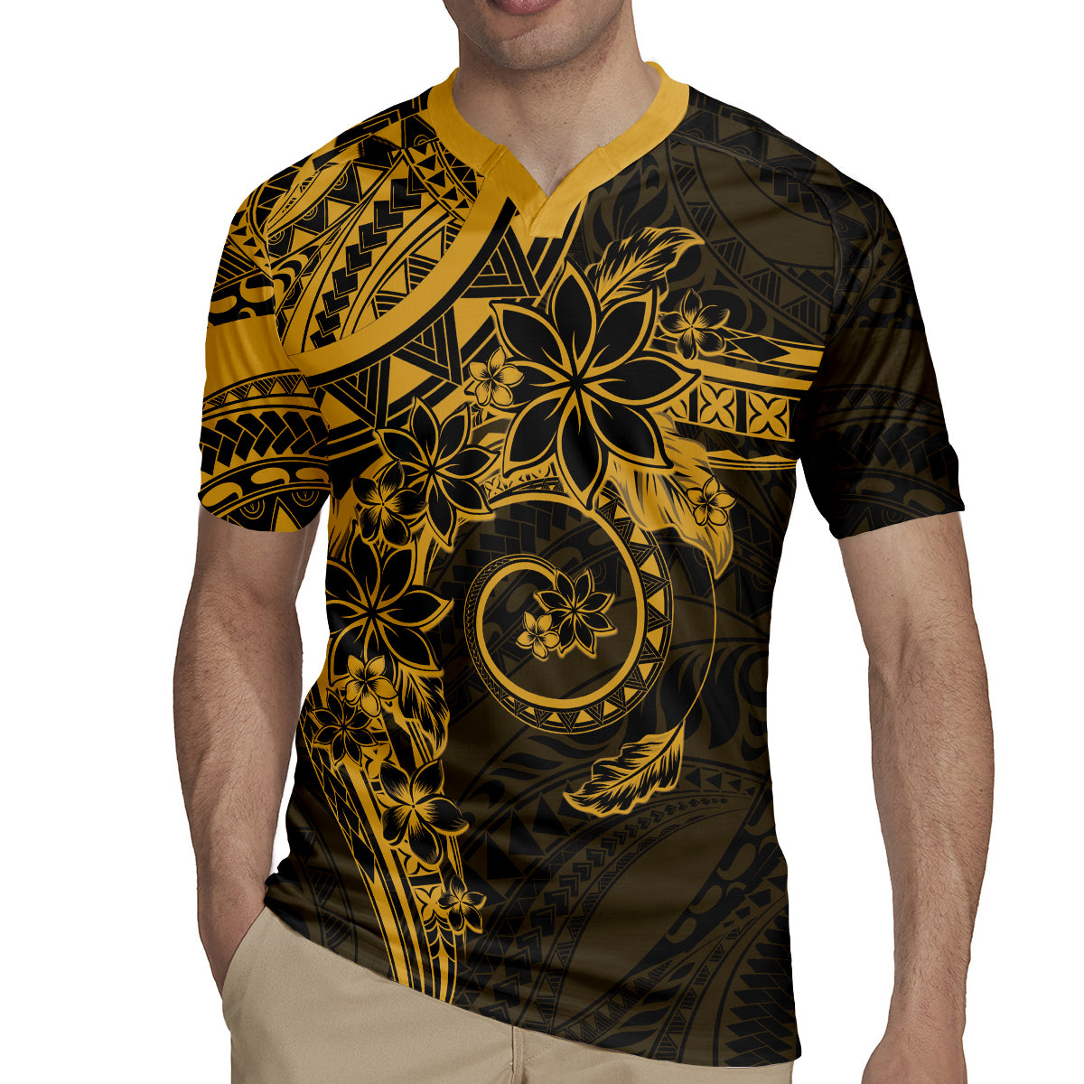 Polynesian Sunset Plumeria Rugby Jersey Gold Polynesian Tattoo LT05 - Polynesian Pride
