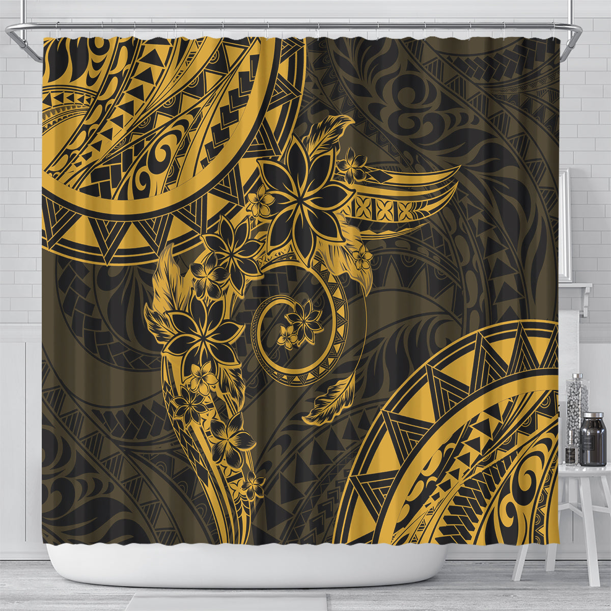 Polynesian Sunset Plumeria Shower Curtain Gold Polynesian Tattoo LT05 - Polynesian Pride