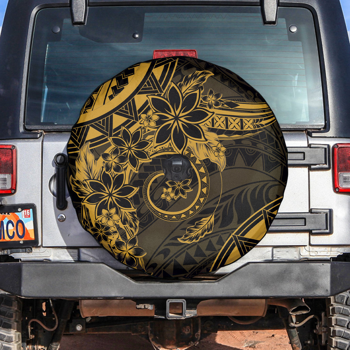 Polynesian Sunset Plumeria Spare Tire Cover Gold Polynesian Tattoo